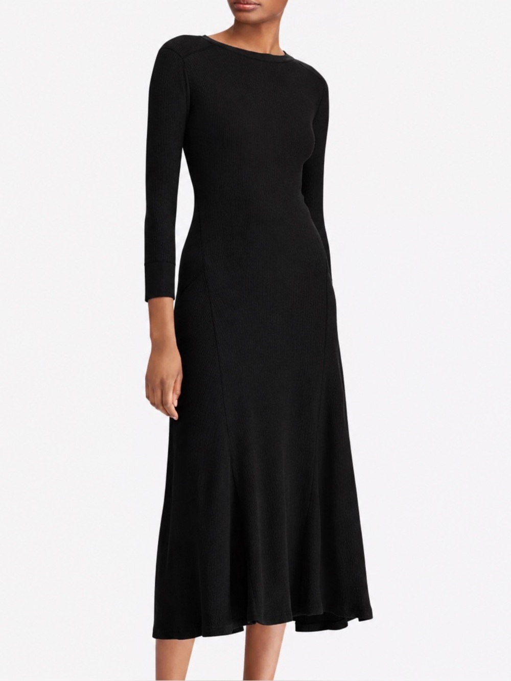 Polo Ralph Lauren Waffle Knit Midi Dress Fit Flare Black Sz M 3/4 Sleeve Western